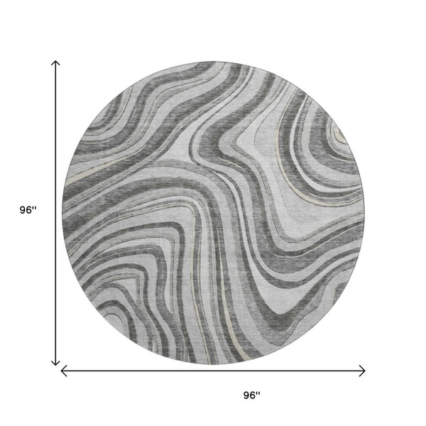 HomeRoots 8' Gray and Ivory Marble Washable Round Rug - Durable, Stylish, UV-Protected for High-Traffic Areas 663533