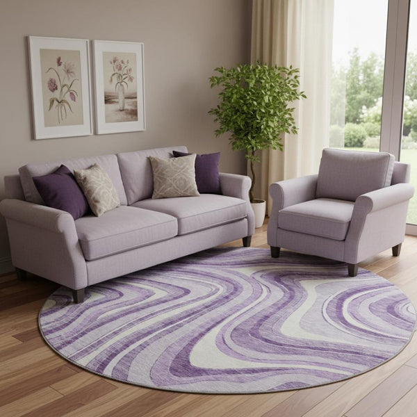 HomeRoots 8' Lavender and Ivory Marble Round Rug - Washable, UV-Protected, Pet-Friendly & Stylish Decor 663545