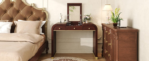 English Elm Classic Flip Top Vanity Desk with Gold Accents 2 Drawer Retro Bedroom Dressing Table Espresso N704P381406P