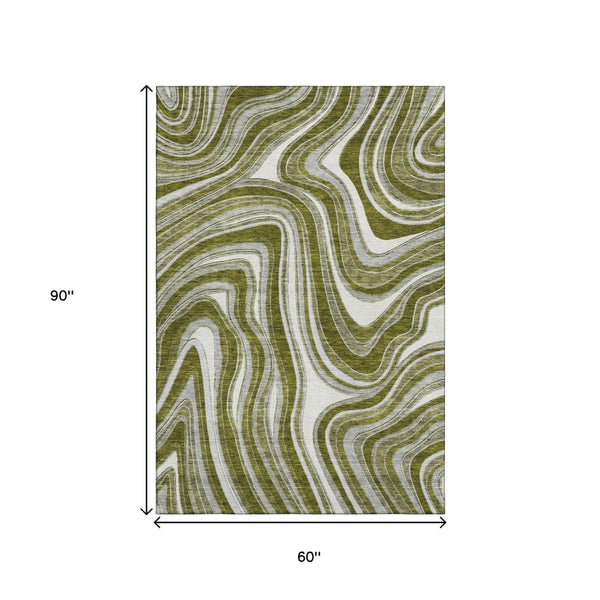 HomeRoots 5' X 8' Elegant Olive Green Marble Washable Area Rug with UV Protection for Stylish Homes 663556
