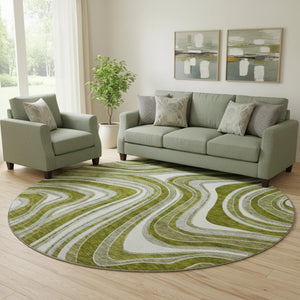HomeRoots 8' Elegant Olive Green and Gray Marble Washable Round Rug with UV Protection for Easy Care & Style 663557