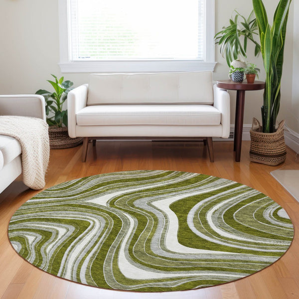 HomeRoots 8' Elegant Olive Green and Gray Marble Washable Round Rug with UV Protection for Easy Care & Style 663557