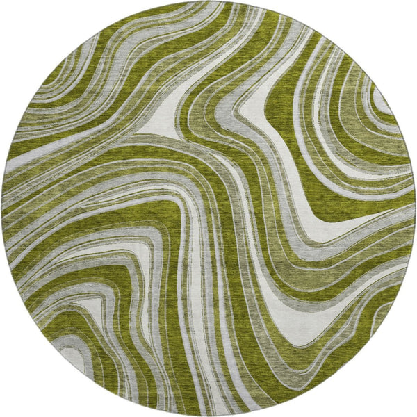 HomeRoots 8' Elegant Olive Green and Gray Marble Washable Round Rug with UV Protection for Easy Care & Style 663557