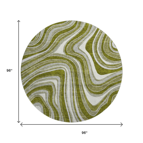 HomeRoots 8' Elegant Olive Green and Gray Marble Washable Round Rug with UV Protection for Easy Care & Style 663557