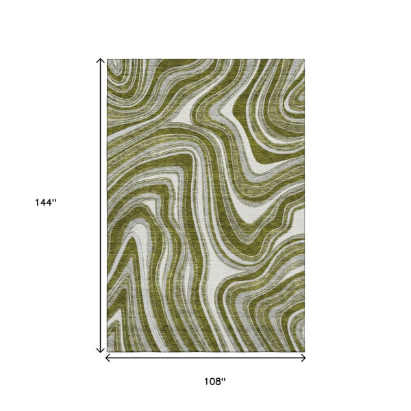 HomeRoots 9' X 12' Olive Green, Ivory & Gray Marble Washable Area Rug - UV Protected for Busy Homes & Pets 663559