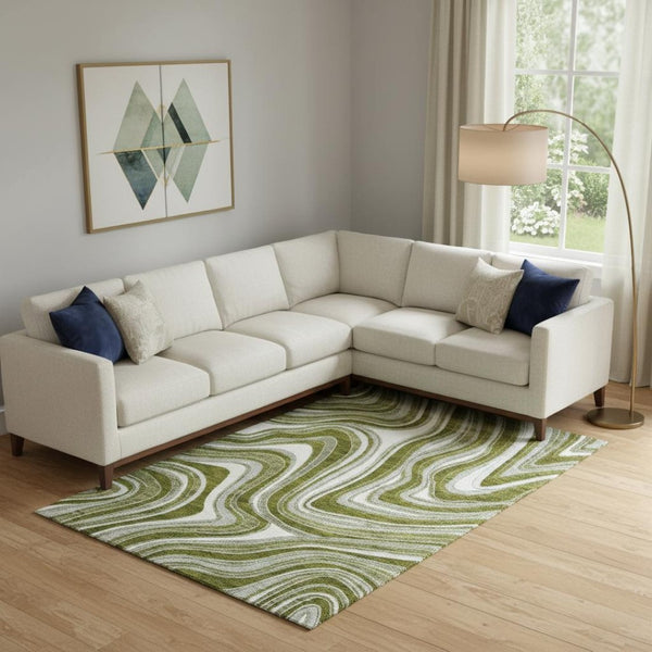 HomeRoots 9' X 12' Olive Green, Ivory & Gray Marble Washable Area Rug - UV Protected for Busy Homes & Pets 663559