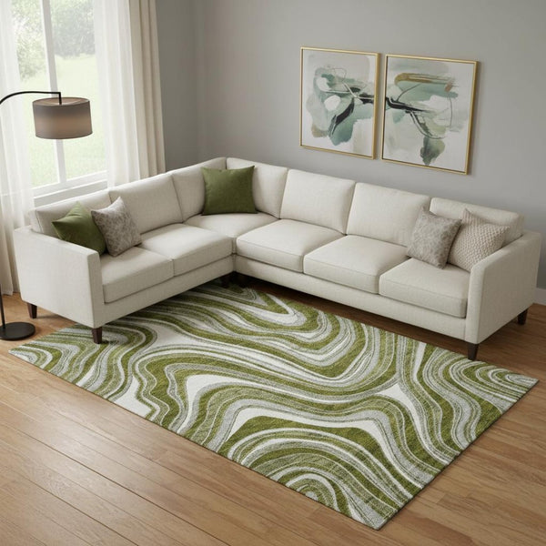 HomeRoots 10' Olive Green, Ivory & Gray Marble Washable Area Rug - Stain-Resistant, UV Protected, Durable Design 663560