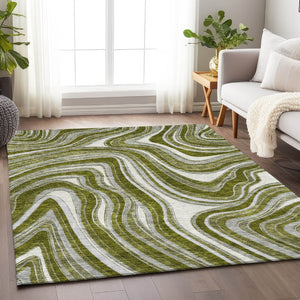 HomeRoots 10' Olive Green, Ivory & Gray Marble Washable Area Rug - Stain-Resistant, UV Protected, Durable Design 663560