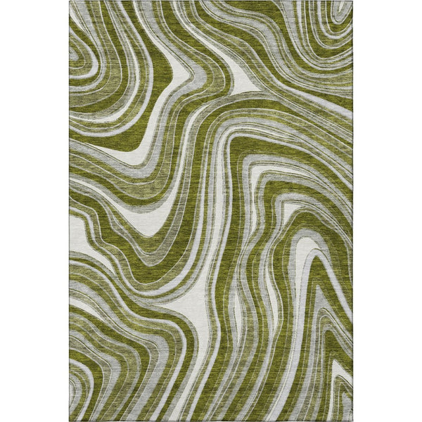 HomeRoots 10' Olive Green, Ivory & Gray Marble Washable Area Rug - Stain-Resistant, UV Protected, Durable Design 663560