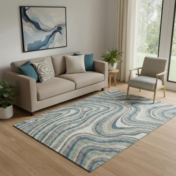 HomeRoots 5' X 8' Teal Ivory Taupe Marble Washable Area Rug – Stylish, Durable, UV-Protected for Homes with Kids! 663562