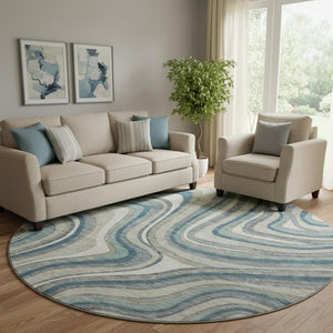 HomeRoots 8' Teal Ivory And Taupe Marble Washable Round Rug - Durable, UV-Protected, Modern Design for Any Space 663563