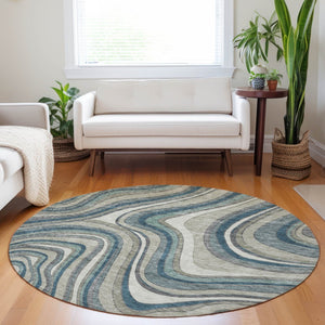 HomeRoots 8' Teal Ivory And Taupe Marble Washable Round Rug - Durable, UV-Protected, Modern Design for Any Space 663563