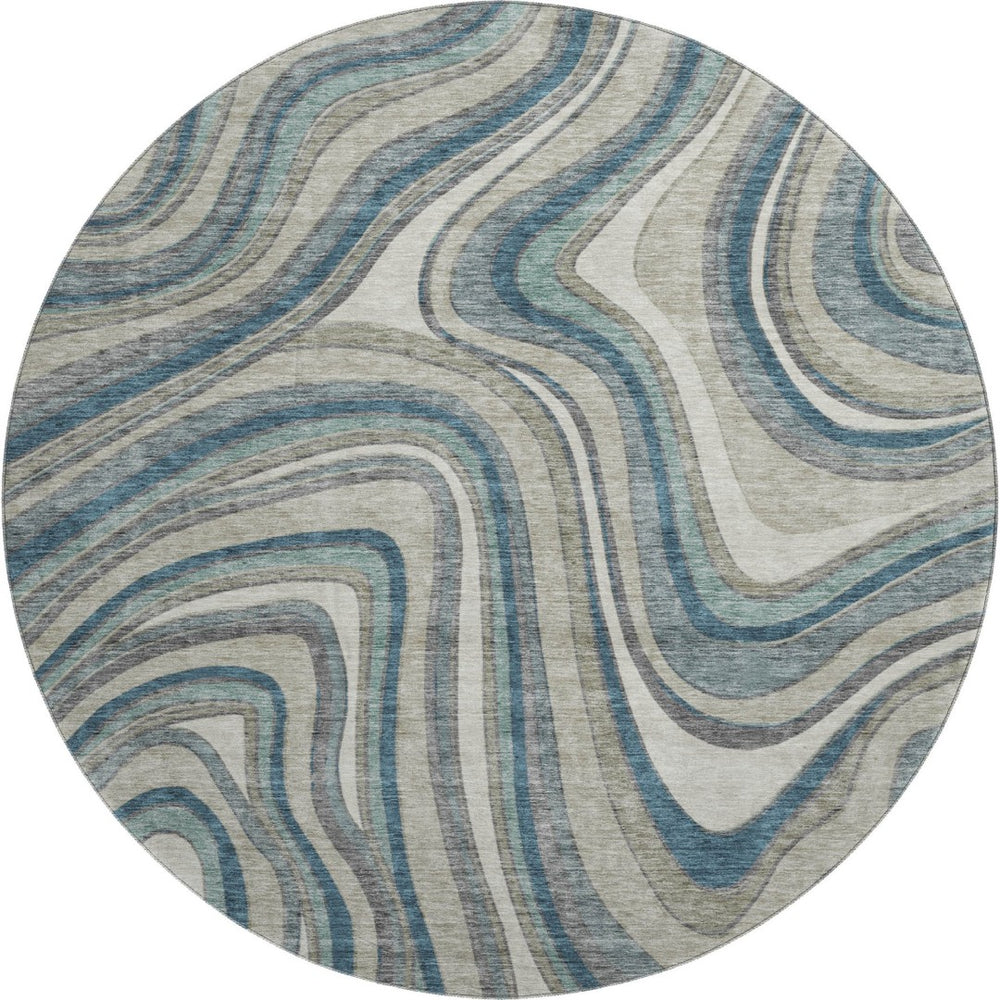 HomeRoots 8' Teal Ivory And Taupe Marble Washable Round Rug - Durable, UV-Protected, Modern Design for Any Space 663563