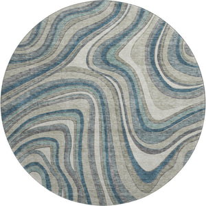 HomeRoots 8' Teal Ivory And Taupe Marble Washable Round Rug - Durable, UV-Protected, Modern Design for Any Space 663563