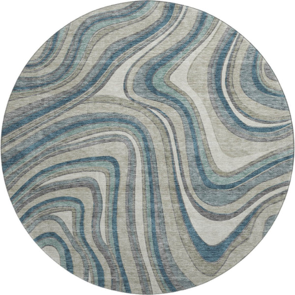 HomeRoots 8' Teal Ivory And Taupe Marble Washable Round Rug - Durable, UV-Protected, Modern Design for Any Space 663563