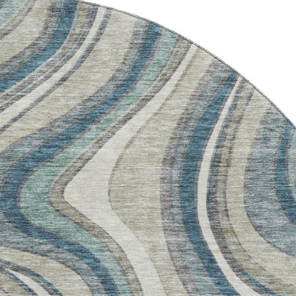 HomeRoots 8' Teal Ivory And Taupe Marble Washable Round Rug - Durable, UV-Protected, Modern Design for Any Space 663563