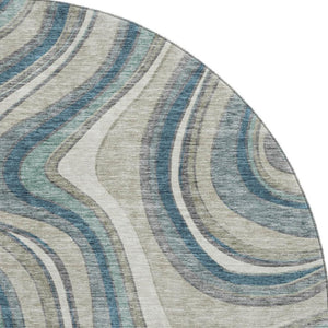 HomeRoots 8' Teal Ivory And Taupe Marble Washable Round Rug - Durable, UV-Protected, Modern Design for Any Space 663563