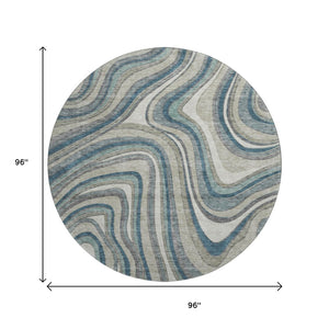 HomeRoots 8' Teal Ivory And Taupe Marble Washable Round Rug - Durable, UV-Protected, Modern Design for Any Space 663563