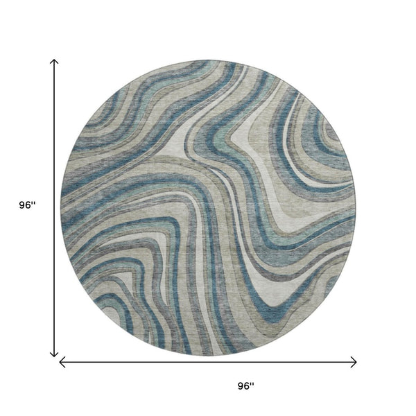 HomeRoots 8' Teal Ivory And Taupe Marble Washable Round Rug - Durable, UV-Protected, Modern Design for Any Space 663563