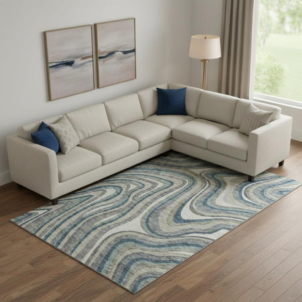 HomeRoots 9' X 12' Teal Ivory Taupe Marble Area Rug - Stylish, Washable, UV-Protected & Perfect for High-Traffic Homes 663565