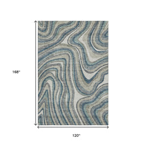 HomeRoots 10' Teal Ivory Taupe Marble Washable Area Rug - Stain Resistant, UV Protected, Durable Design! 663566