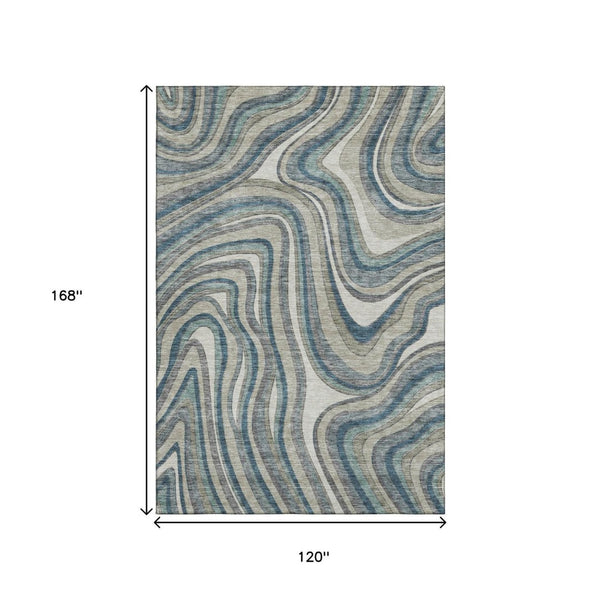 HomeRoots 10' Teal Ivory Taupe Marble Washable Area Rug - Stain Resistant, UV Protected, Durable Design! 663566
