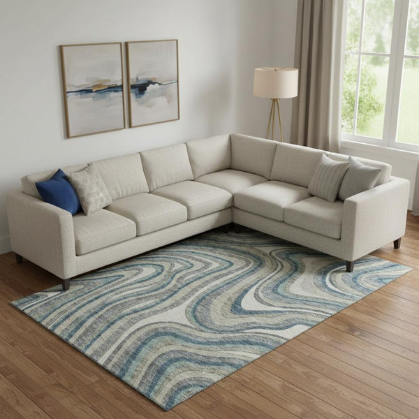 HomeRoots 10' Teal Ivory Taupe Marble Washable Area Rug - Stain Resistant, UV Protected, Durable Design! 663566