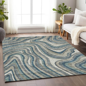 HomeRoots 10' Teal Ivory Taupe Marble Washable Area Rug - Stain Resistant, UV Protected, Durable Design! 663566