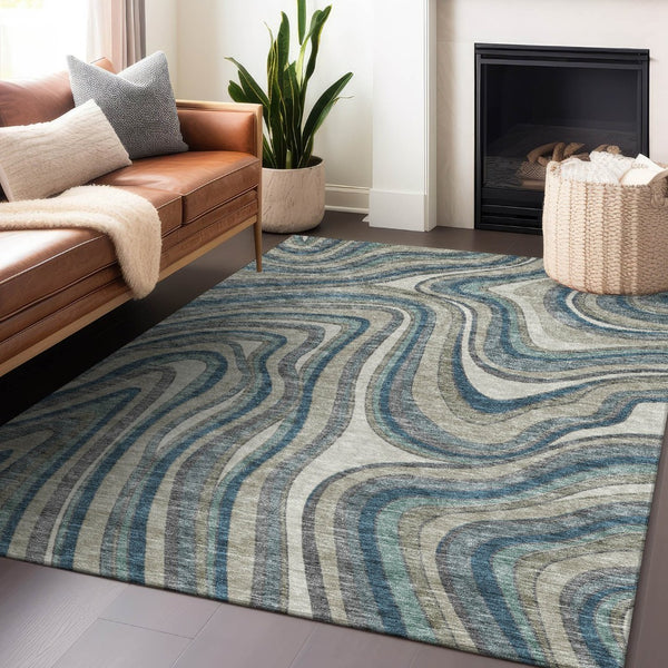 HomeRoots 10' Teal Ivory Taupe Marble Washable Area Rug - Stain Resistant, UV Protected, Durable Design! 663566
