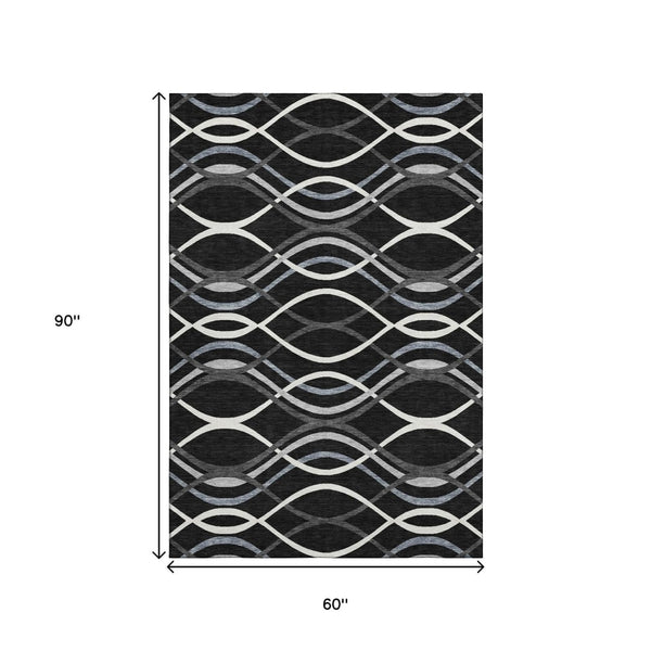 HomeRoots 5' X 8' Modern Black, Ivory & Gray Abstract Area Rug – Washable, Stain Resistant, UV Protected Design 663568