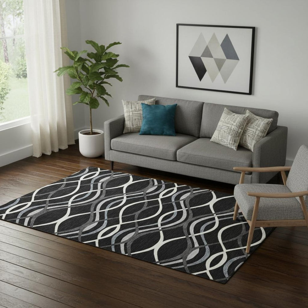 HomeRoots 5' X 8' Modern Black, Ivory & Gray Abstract Area Rug – Washable, Stain Resistant, UV Protected Design 663568
