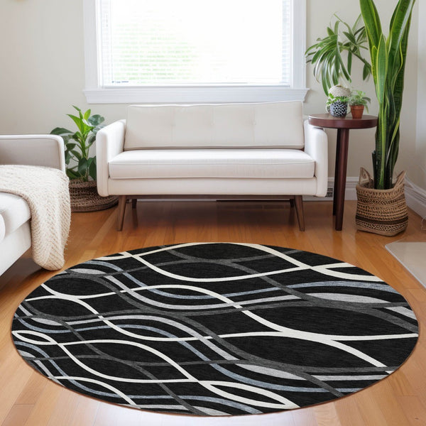 HomeRoots 8' Black Ivory and Gray Abstract Washable Round Rug - UV Protected, Stain Resistant, Modern Design 663569