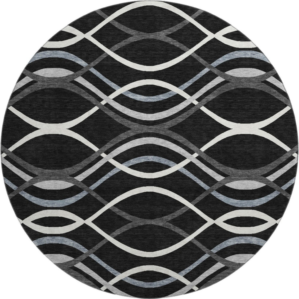 HomeRoots 8' Black Ivory and Gray Abstract Washable Round Rug - UV Protected, Stain Resistant, Modern Design 663569