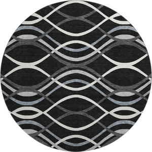 HomeRoots 8' Black Ivory and Gray Abstract Washable Round Rug - UV Protected, Stain Resistant, Modern Design 663569