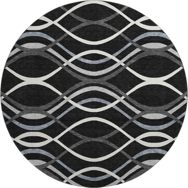 HomeRoots 8' Black Ivory and Gray Abstract Washable Round Rug - UV Protected, Stain Resistant, Modern Design 663569