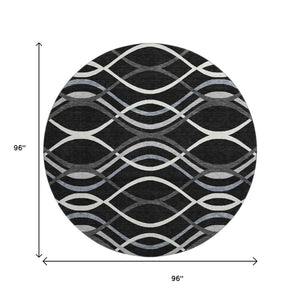 HomeRoots 8' Black Ivory and Gray Abstract Washable Round Rug - UV Protected, Stain Resistant, Modern Design 663569