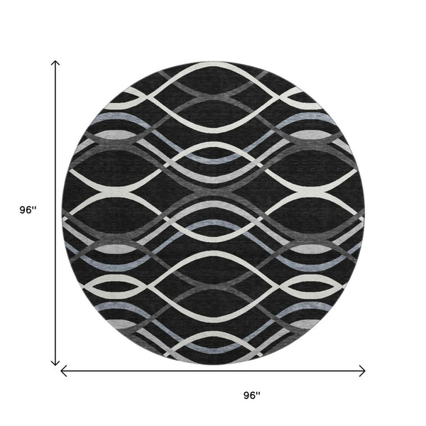 HomeRoots 8' Black Ivory and Gray Abstract Washable Round Rug - UV Protected, Stain Resistant, Modern Design 663569