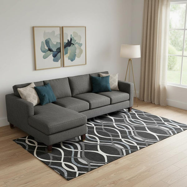 HomeRoots 8' X 10' Modern Black Ivory Gray Abstract Washable Area Rug with UV Protection & Stain Resistance 663570