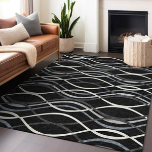 HomeRoots 8' X 10' Modern Black Ivory Gray Abstract Washable Area Rug with UV Protection & Stain Resistance 663570