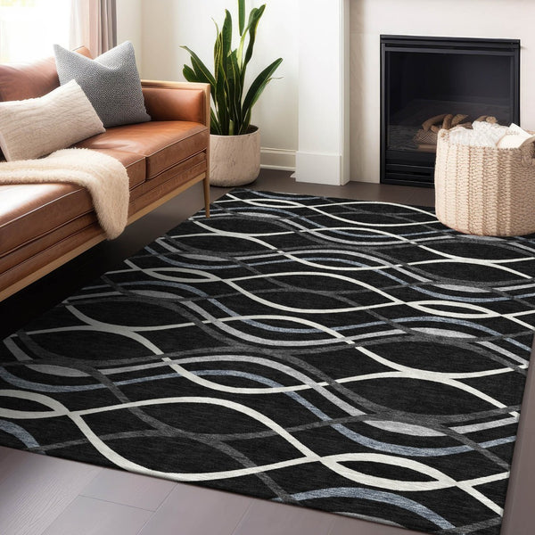 HomeRoots 9' X 12' Washable Black Ivory Gray Abstract Area Rug with UV Protection for Modern Homes & Pets 663571