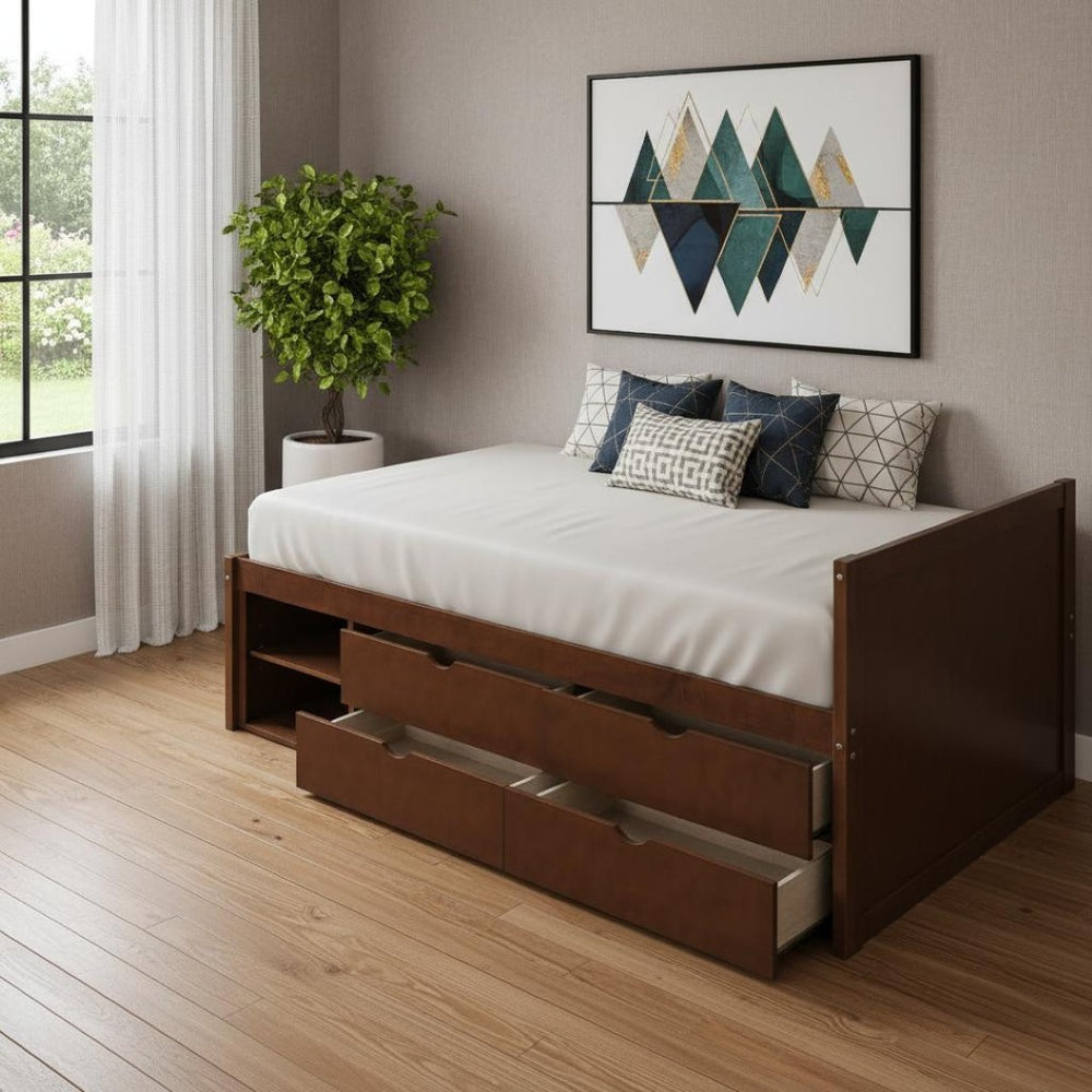 HomeRoots Walnut Twin Daybed with Drawers – Stylish Storage Solution for Bedrooms and Living Spaces, 450 lbs Capacity 663584