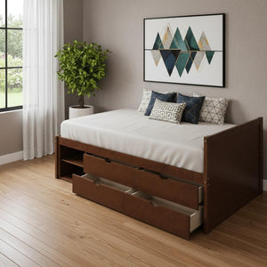HomeRoots Walnut Twin Daybed with Drawers – Stylish Storage Solution for Bedrooms and Living Spaces, 450 lbs Capacity 663584