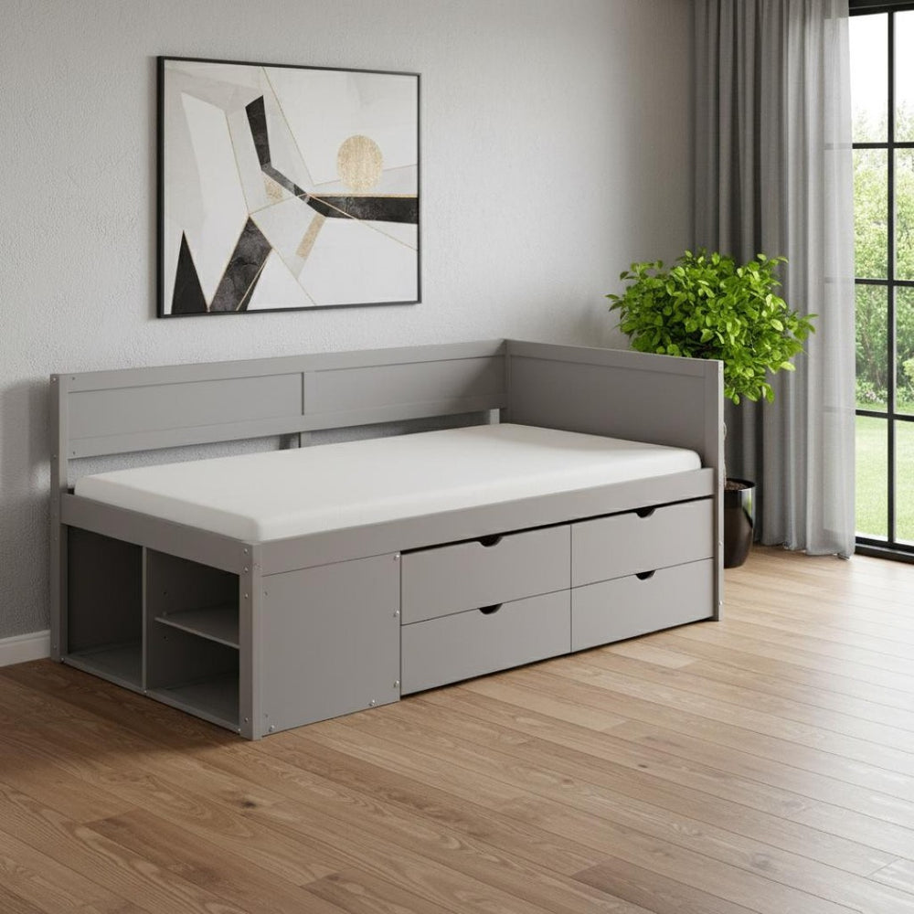 HomeRoots Gray Wood Twin Day Bed with Storage Drawers - Modern Design for Versatile Sleeping & Seating Solutions 663586