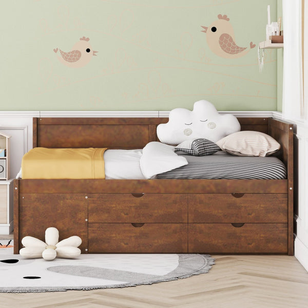 HomeRoots Walnut Wood Full Daybed with Integrated Drawers - Versatile Seating and Sleeping Solution for Any Room 663590