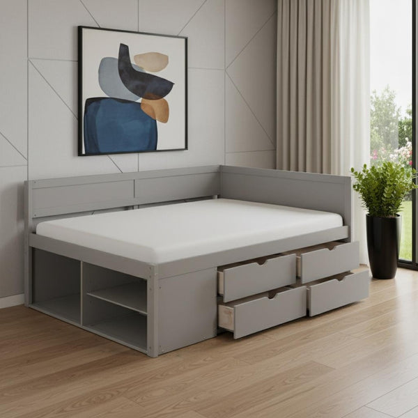HomeRoots Gray Wood Full Day Bed with Storage Drawers - Versatile Sofa & Comfortable Guest Bed for Any Room 663592