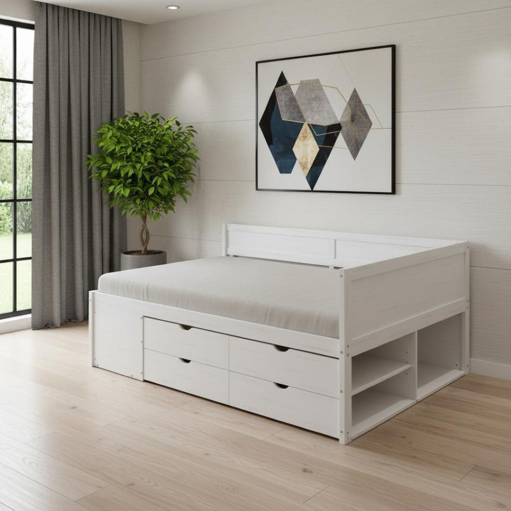 HomeRoots White Wood Full Day Bed with Storage Drawers - Versatile Comfort & Timeless Style for Any Room 663594