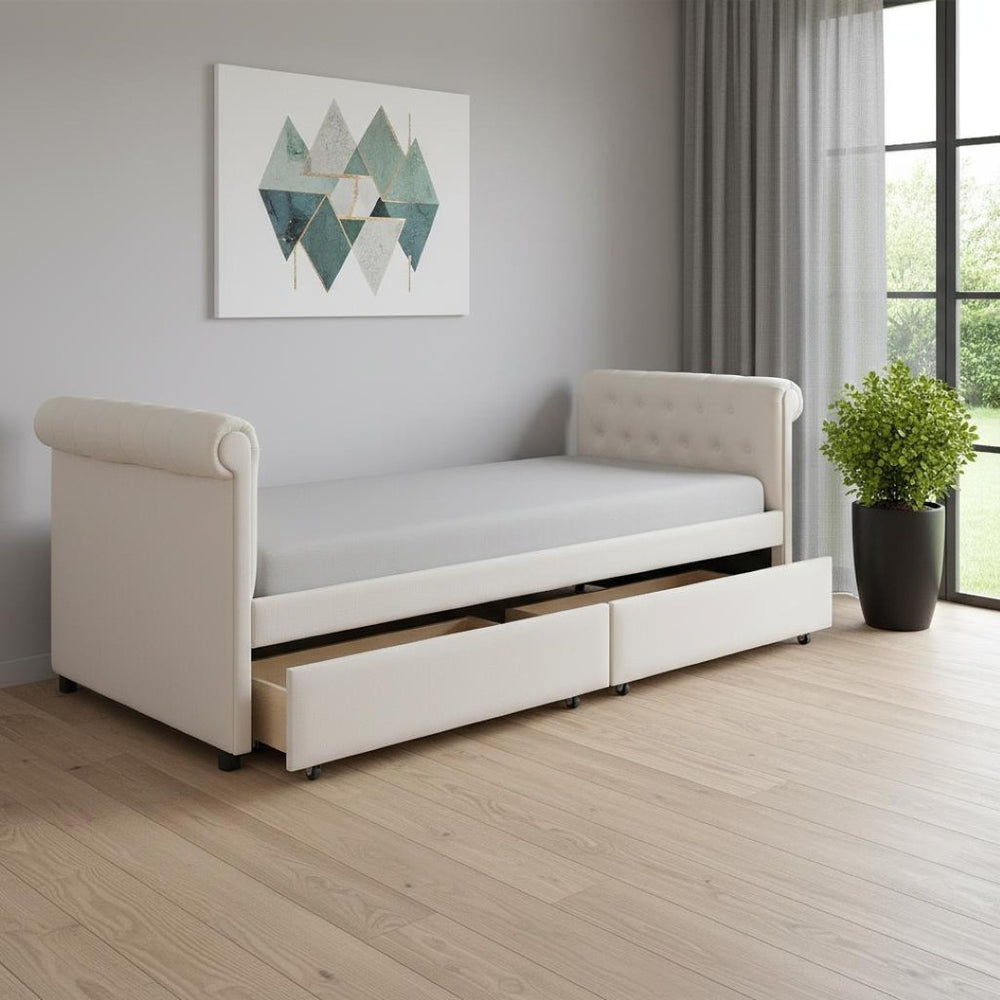 HomeRoots Beige Tufted Linen Twin Day Bed with Drawers - Elegant Multi-Functional Sofa-Bed for Any Room 663598