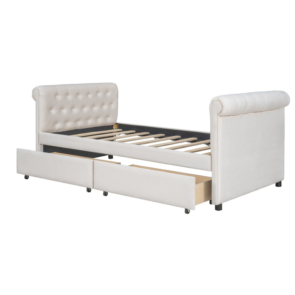 HomeRoots Beige Tufted Linen Twin Day Bed with Drawers - Elegant Multi-Functional Sofa-Bed for Any Room 663598