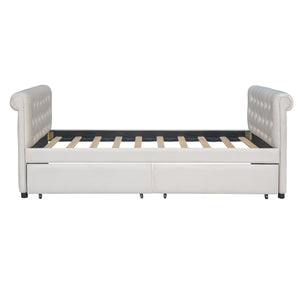 HomeRoots Beige Tufted Linen Twin Day Bed with Drawers - Elegant Multi-Functional Sofa-Bed for Any Room 663598