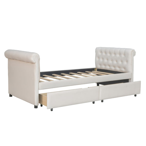 HomeRoots Beige Tufted Linen Twin Day Bed with Drawers - Elegant Multi-Functional Sofa-Bed for Any Room 663598